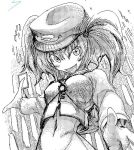  1girl :d chado dress female flat_cap hair_bobbles hair_ornament hat kawashiro_nitori key long_sleeves looking_at_viewer midriff monochrome navel open_clothes open_mouth short_hair smile solo stomach touhou twintails two_side_up upper_body 