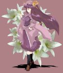  1girl adapted_costume black_legwear female floral_background flower from_side full_body hand_on_hip hat kneehighs lily_(flower) loafers long_hair patchouli_knowledge purple_background purple_hair shoes solo standing tagme touhou 