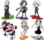  3boys 4girls arms_behind_back arms_up badou_nails bag baguette beard belt black_dress black_eyes black_hair blonde_hair blue_eyes blue_scarf bread breath chibi cigarette coat costume dogs:_bullets_&amp;_carnage dress everyone eyepatch facial_hair food full_body fur_trim fuyumine_naoto glasses green_eyes green_hair grey_hair grin groceries grocery_bag haine_rammsteiner hands_in_pockets holding holding_sword holding_weapon long_hair long_sleeves looking_at_viewer luki mihai mihai_mihaeroff multiple_boys multiple_girls nill noki nrht old_man orange_hair pantyhose pom_pom_(clothes) red_eyes scarf shopping_bag silver_hair simple_background sleeves_past_wrists smile smoke standing sword teeth very_long_hair weapon white_background 