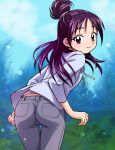  00s 1girl ass denim from_behind futari_wa_precure futari_wa_precure_splash_star half_updo haruyama_kazunori jeans long_hair looking_back mishou_mai nature pants precure purple_hair solo tree violet_eyes 