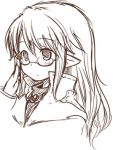  1girl 7010 adjusting_glasses bangs blush glasses jacket long_hair long_sleeves looking_to_the_side lowres monochrome pointy_ears shirt simple_background solo under-rim_glasses upper_body white_background 