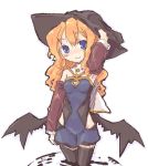  7010 black_wings blue_eyes blush curly_hair detached_sleeves hat long_hair lowres orange_hair thigh-highs wings witch_hat 
