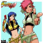  2girls 80s :d belt contrapposto dark_skin dirty_pair highres kakkii kei_(dirty_pair) long_hair looking_at_viewer midriff multiple_girls navel oldschool open_mouth pink_hair pointing pointing_at_viewer precure red_eyes revealing_clothes short_hair smile stomach thigh_strap very_long_hair yuri_(dirty_pair) 