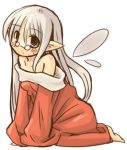  1girl 7010 arm_support bare_shoulders barefoot blush breasts feet female glasses long_hair looking_at_viewer lowres pointy_ears silver_hair simple_background sitting solo white_background wings 