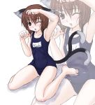  1girl animal_ears cat_ears cat_tail chen female kneeling kuro_suto_sukii name_tag one-piece_swimsuit school_swimsuit solo swimsuit tail touhou 