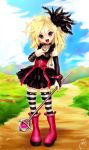  1girl blonde_hair corset dragon_quest dragon_quest_swords feathers gothic gothic_lolita hair_feathers lolita_fashion nail_polish setia solo staff striped striped_legwear tashiro_yuu thigh-highs zettai_ryouiki 