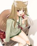 1girl animal_ears apple bottomless brown_hair food fruit holding holding_fruit holo long_hair nakajima_yuka red_eyes solo spice_and_wolf tail wolf_ears 