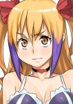  1girl bad_id blonde_hair breasts choker cleavage dragonaut jacqueline_baumgold lowres multicolored_hair poporon purple_hair solo streaked_hair twintails two-tone_hair yellow_eyes 