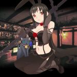  1girl adjusting_hair animal_ears aqua_eyes bad_id black_hair breasts cat character_request choker cleavage corset crop_top elbow_gloves flower gloves kneeling large_breasts long_hair mabinogi midriff mouth_hold navel no_bra photo_background rabbit_ears red_eyes rose see-through skirt solo sword thigh-highs ume_(driveume) very_long_hair weapon 