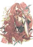  1girl bad_id fantasy flower gem iemon long_hair original polearm red_clothes red_rose redhead rose shield solo takanashi_tsubasa weapon 