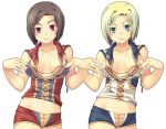  2girls breasts final_fantasy final_fantasy_xi hume katy_(artist) midriff multiple_girls open_clothes open_shirt shirt short_hair short_shorts shorts small_breasts 