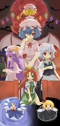  6+girls bad_id blonde_hair cirno female flandre_scarlet hat highres hong_meiling izayoi_sakuya multiple_girls patchouli_knowledge red_eyes remilia_scarlet rumia the_embodiment_of_scarlet_devil touhou wings youkai yuzuki_(artist) yuzuki_(yuduame) 