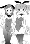  2girls :o animal_ears aoyama_reo bare_shoulders blush bow bowtie bunny_tail bunnysuit choker drill_hair flat_chest hair_ornament hairclip monochrome multiple_girls onegai_my_melody open_mouth pantyhose rabbit_ears sakurazuka_miki short_hair short_twintails tail thigh-highs thigh_gap thighs twin_drills twintails wrist_cuffs yumeno_uta zettai_ryouiki 