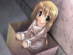  1girl blue_eyes box brown_hair cardboard_box for_adoption in_box in_container last_story_wa_anata_e long_hair solo 