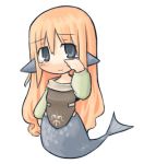  1girl 7010 animal_ears blue_eyes blush chibi dress fish_tail head_fins long_hair lowres mermaid monster_girl orange_hair scales smile solo tail tears white_background wiping_tears 