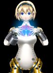  1girl aegis aegis_(persona) android atlus blonde_hair blue_eyes butterfly glowing ouma_tokiichi persona persona_3 ribbon robot robot_joints short_hair simple_background solo 