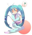  1girl blue_hair crowbar hatsune_miku kurohara_yuu pajamas pillow pillow_hug solo spring_onion thought_bubble twintails vocaloid weapon 