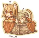  2girls 7010 ? animal_ears artist_name bangs basket bell bell_collar blanket blonde_hair blush brown_hair cat_ears cat_tail chest chibi closed_eyes collar in_container jingle_bell looking_away lowres multiple_girls open_mouth paws red_eyes sleeping tail zzz 