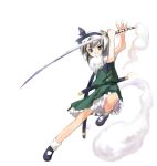  1girl blue_eyes female hitodama katana konpaku_youmu konpaku_youmu_(ghost) short_hair silver_hair solo sword touhou u_(the_unko) weapon 