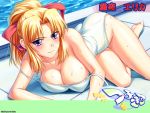  1girl barefoot blonde_hair blue_eyes blush breasts cleavage hair_ribbon kiriya_erika large_breasts lying one-piece_swimsuit ponytail ribbon shironeko_sanbou smile solo swimsuit tsuyokiss wallpaper wet white_swimsuit 