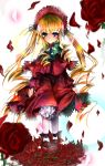  00s 1girl aquamarine bangs blonde_hair blunt_bangs bonnet bow bowtie dress drill_hair frills green_bow green_bowtie green_eyes long_sleeves looking_at_viewer red_dress rozen_maiden shinku sidelocks simple_background solo twin_drills twintails white_background 