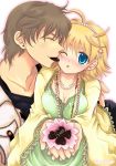  1boy 1girl beads blonde_hair blue_eyes breast_squeeze breasts brown_hair chocolate hair_beads hair_ornament jewelry large_breasts necklace sakurai_unan valentine 
