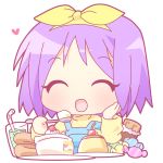  1girl ^_^ candy chibi chocolate_bar closed_eyes drinking_straw eating food fruit glass heart hiiragi_tsukasa lucky_star mirai_(sugar) open_mouth plate pudding purple_hair simple_background slice_of_cake solo spoon strawberry strawberry_shortcake upper_body white_background 