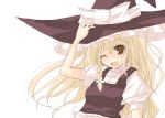  1girl ;d black_dress blonde_hair brown_eyes dress female frills hat kirisame_marisa looking_at_viewer one_eye_closed open_mouth puffy_short_sleeves puffy_sleeves rikudou_inuhiko short_sleeves simple_background smile solo touhou upper_body white_background witch witch_hat 