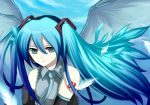  1girl aqua_hair aqua_necktie bad_id blue_eyes detached_sleeves expressionless feathers harano hatsune_miku headgear jitome long_hair long_sleeves looking_at_viewer necktie number solo tattoo twintails very_long_hair vocaloid 