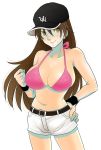  1girl bad_id baseball_cap belt bikini bikini_top blush breasts brown_eyes brown_hair cleavage glasses goggles hat hati huge_breasts lipstick long_hair makeup momoe_maria ookiku_furikabutte shorts smile solo sweatband swimsuit wristband 