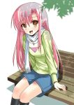  1girl bench black_legwear casual hairband hayate_no_gotoku! katsura_hinagiku long_hair open_mouth pink_hair scarf shinshin sitting socks solo yellow_eyes 