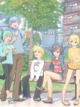  2boys 3girls akinbo_(hyouka_fuyou) apartment aqua_eyes arms_behind_back bad_id bench between_legs blonde_hair blue_eyes blue_hair boots brother_and_sister building casual everyone food frown green_eyes grey_eyes hand_between_legs hatsune_miku ice_cream jacket kagamine_len kagamine_rin kaito leggings legs_crossed meiko multiple_boys multiple_girls no_socks open_mouth outdoors park pigeon-toed scared scarf shoes short_shorts shorts siblings sidewalk sitting smile sneakers surprised sweatdrop sweater tree twins vocaloid walking 