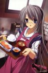  1girl absurdres apron blue_eyes clannad glasses highres ikeda_kazumi miso_soup official_art sakagami_tomoyo scan tray 
