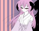  1girl blush closed_eyes hanyuu higurashi_no_naku_koro_ni horns japanese_clothes kimono minazuki_maya pink_hair shadow solo striped striped_background 