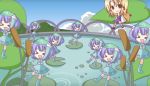  &gt;_&lt; 6+girls blonde_hair blue_hair clone closed_eyes female hat iosys kawashiro_nitori key lily_pad lowres moriya_suwako multiple_girls skirt touhou 