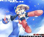  1boy 1girl :d ahoge android armor armored_boots blonde_hair blue_eyes bodysuit boots brown_hair capcom carrying floating_hair from_side full_body knee_boots mikage_sekizai open_mouth princess_carry profile red_skirt rockman rockman_(character) rockman_(classic) roll skirt smile 
