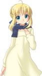  1girl ahoge blonde_hair blue_scarf dress fate/stay_night fate_(series) green_eyes looking_at_viewer manji_taba saber scarf simple_background solo white_background 