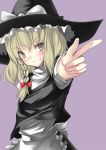  1girl apron black_dress blonde_hair dress face female green_eyes kirisame_marisa looking_at_viewer nakamura_kusata outstretched_arm pink_background pointing pointing_at_viewer puffy_short_sleeves puffy_sleeves short_sleeves simple_background solo touhou waist_apron 