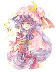 1girl bad_id bangs blunt_bangs book card crescent crescent_hair_ornament female hair_ornament hair_ribbon hat holding holding_book knife long_hair mabiko patchouli_knowledge purple_clothes purple_hair ribbon shiroma_(mamiko) simple_background solo touhou upper_body very_long_hair violet_eyes white_background 