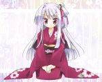  1girl blush hair_bobbles hair_ornament hair_ribbon japanese_clothes kimono long_hair nekono_osero obi purple_hair red_eyes ribbon sash seiza sitting solo 