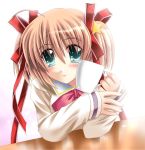  1girl blonde_hair blush bow bowtie closed_mouth cup green_eyes hair_bow holding kamikita_komari little_busters!! long_sleeves otoki_raku pink_bow red_bow red_bowtie smile solo tareme twintails upper_body 