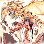  2girls aliasing asterisk_storage bangs black_hair blonde_hair bottomless breasts character_name closed_eyes dragon_girl dragon_wings erect_nipples fire flat_chest hanging_breasts horns large_breasts long_hair lowres magic:_the_gathering monster_girl multiple_girls oekaki orange_eyes personification staff tail wings yellow_eyes yone88 yonezuka_ryou zirilan_of_the_claw 