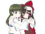  2girls bare_shoulders bow brown_eyes brown_hair detached_sleeves female green_eyes green_hair hair_bow hair_tubes hakurei_reimu hug japanese_clothes kochiya_sanae long_sleeves looking_at_viewer miko multiple_girls nontraditional_miko orange_eyes red_bow ribbon-trimmed_sleeves ribbon_trim sarashi short_hair touhou yuri 