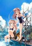  2girls barefoot blue_eyes brown_hair feet feet_in_water goggles kuramoto_kaya multiple_girls one-piece_swimsuit original ruins school_swimsuit soaking_feet swimsuit twintails water 