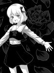  1girl bad_id black_rose blush_stickers body_mahattaya_ginga female flower hair_ribbon monochrome necktie outstretched_arms ribbon rose rumia short_hair solo spread_arms symbol-shaped_pupils the_embodiment_of_scarlet_devil touhou youkai 