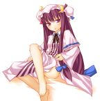  1girl barefoot crescent feet female hat long_hair nu_(plastic_eraser) patchouli_knowledge purple_hair solo toes touhou undressing violet_eyes 