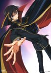  1boy absurdres black_hair cape code_geass gradient gradient_background hands highres lelouch_lamperouge male_focus outstretched_arm outstretched_hand reaching scan solo violet_eyes 