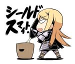  1girl :d armor atlus blonde_hair bottle bucket chibi denden empty_eyes evil_smile full_armor full_body gauntlets open_mouth paladin paladin_(sekaiju) sekaiju_no_meikyuu smile solo standing translated wooden_bucket 