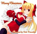  1girl blonde_hair breasts christmas cleavage elbow_gloves fingerless_gloves gloves hair_ribbon happy_core_(artist) hat kinoshita_ichi long_hair no_panties red_eyes ribbon smile solo text thigh-highs 