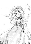  1girl aki_minoriko bonnet bow dress female frills kiku_hitomoji monochrome sketch sky smile solo tora_tooru toru_tooru touhou tree 
